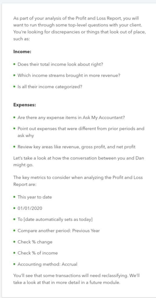 Analysis of profit and loss statement in quickbooks